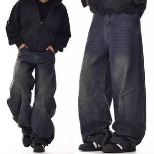 Jeans Holgados de Algodón y Elastano de Alta Calidad para Hombre, 14 oz, Azul Oscuro, Denim Recto, Lavado a la Piedra, Estilo Vintage, Streetwear, Hip Hop - Product Image 1