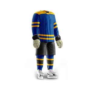 Maillot de hockey sur glace pour homme, col en V, manches longues, sublimé, rayé bleu et jaune, évacuation de l'humidité, coupe classique, vêtement d'hiver - Product Image 4