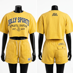 Women Cropped T Shirt Shorts Set 300 GSM Heavy Cotton Blend <b>Yellow</b> Soft Feel Custom Printed Logo Casual Wear <b>Crop</b> <b>Top</b> & Shorts - Product Image 2