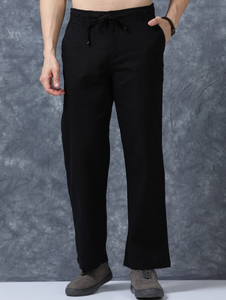 Premium Cotton <b>Trousers</b> For Men Black Solid Relaxed Fit Mid Rise Regular Pants <b>With</b> <b>Elasticated</b> <b>Waistband</b> And Drawstring Closure - Product Image 3