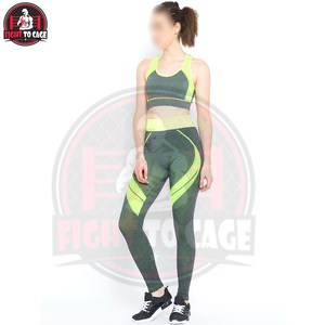 Two-Piece Yoga Set Push-Up <b>Bra</b> & Tummy Control Best Quality Fitness Set Women Green & Grey Printed Gym Legging & <b>Bra</b> Set - Product Image 2