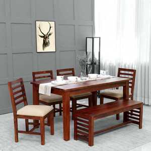 Sustainable Hardwood <b>Dining</b> <b>Set</b> 6 Seater Rectangular <b>Table</b> with Cushioned Seats and <b>Bench</b> Modern Farmhouse Style Wood Furniture - Product Image 1