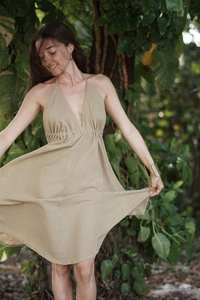 Vestido Midi de Algodón Beige Estilo Boho para Mujer, Cuello en V Profundo, Sin Mangas, Casual, para Playa o Verano - Product Image 5