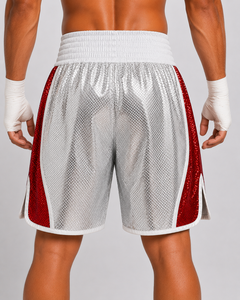 Shorts de boxe unisexes professionnels en satin vert métallisé 100% polyester avec logo frontal, séchage rapide et motif étoile en strass - Product Image 2
