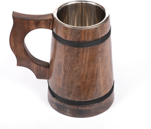 Chope à bière artisanale en bois avec tasse en acier inoxydable, mug vintage avec poignée, chope à bière pour bar à domicile, fête ou festival - Product Image 3