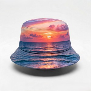 Sombrero de Pescador Personalizado Premium de Mezclilla con Diseño de Atardecer Tropical, Unisex, Casual, para Adultos, para la Playa, Uso Diario, Primavera, Verano, 100% Algodón - Product Image 3