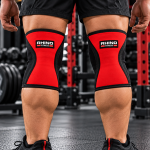 Genouillères de soutien pour hommes Rhino Fitness en néoprène rouge rayé, ajustement personnalisé, respirantes et durables pour la musculation - Product Image 2