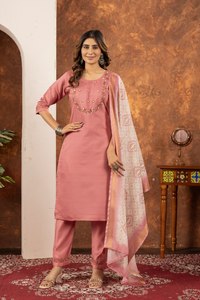 Women's Pink Hand Embroidered Marina Silk Quick Dry <b>Kurta</b> Set Dupatta Traditional <b>Indian</b> Pakistani Casual Ankle-Length Regular - Product Image 1