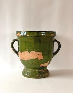 Jardinière antique française de Castelnaudary du XIXe siècle, pot en terre cuite vert émaillé, décoration rustique vintage pour la maison, vase - Product Image 5