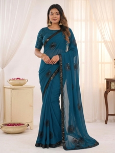 Indian Traditional Ethnic Beautiful Georgette Saree with Embroidery <b>Sequins</b> Work for Women Wedding <b>Party</b> Wear Elegant Outfit - Product Image 1