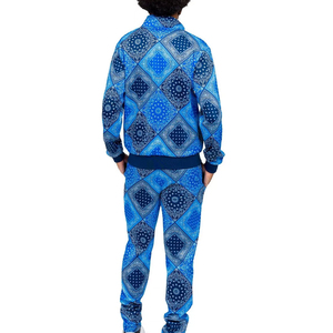 Survêtement pour homme bleu à imprimé géométrique, col montant, tenue décontractée respirante en polyester, idéal pour le printemps, avec poches latérales - Product Image 4