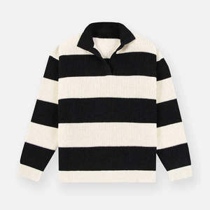 Pull en tricot rayé à manches longues pour l'automne, noir et crème, coupe classique, 100% acrylique - Product Image 1