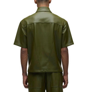 Men's Olive Green Short Sleeve Leather <b>Shirt</b> With Zipper Closure Turn-down Collar Casual Workwear Style - Product Image 4