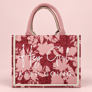 กระเป๋าโท้ทมินิสีชมพูเชอร์รี่ 8 ออนซ์ ผ้าแคนวาสธรรมชาติ พิมพ์ลายดอกไม้ Hey Girl ขนาด 27x21x14 ซม. รับทำโลโก้ตามสั่ง ขายส่ง OEM แบรนด์ส่วนตัว กระเป๋าแบบรักษ์โลก - Product Image 5