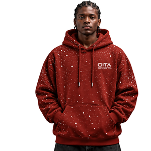 Rust Red <b>White</b> Speckled Print <b>Men</b> Hoodie Heavyweight Pullover <b>Sweatshirt</b> Drawstring Hood Long Sleeve Kangaroo Front Pocket - Product Image 1