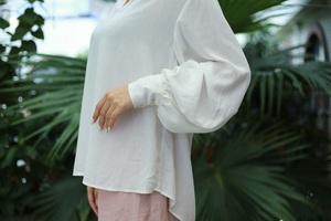 Elegant Women's 100% Ramie <b>Linen</b> Blouses Plain Dyed Plaid Exquisite Pleated Details Voluminous Sleeves Loose Fit Stylish Formal - Product Image 6