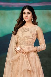 Affordable Women's Anarkali Suit 3/4 Sleeve <b>Net</b> Crepe Stretchable Quick Dry Semi-Stitched for Party Wedding - Product Image 2