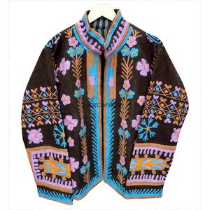 Soft Breathable Embroidered Cotton Corduroy <b>Jacket</b> Floral Pattern Mandarin Collar Full Sleeve Eco-Friendly Autumn Women's Coat - Product Image 1