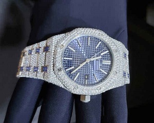 Reloj de Lujo de Acero Inoxidable con Diamantes Moissanite VVS, Esfera Azul con Índices, Movimiento de Cuarzo, para Hombre y Mujer, Precio Bajo - Product Image 1