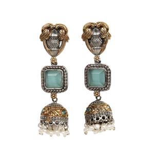 Pendientes Colgantes de Latón Plateado Oxidado con Diseño Floral, Estilo Vintage, Dos Tonos, Piedra Verde, para Mujer, Regalo - Product Image 1