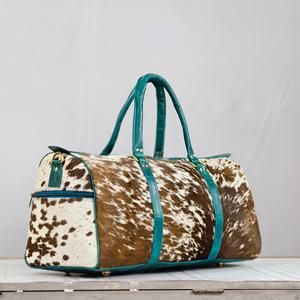 Bolsa de lona de cuero vacuno con asas turquesa y cierre de cremallera, bolsa de viaje de gran capacidad para fin de semana - Product Image 2