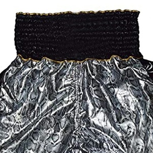 Luxury Snakeskin Satin Muay Thai Shorts - Silver/<b>Black</b> Kickboxing <b>Trunks</b> - Professional Sanda & MMA Shorts with Gold Trim - Product Image 3