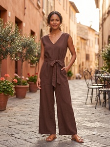 Combinaison marron sans manches en rayonne, col en V, longueur cheville, dos à découpe, ceinturée, coupe classique, décontractée d'été, tissée, respirante et confortable - Product Image 6