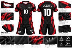 ชุดกางเกงฟุตบอลชายแบบกำหนดเอง พิมพ์ลายแบบ Sublimation ชุดยูนิฟอร์มฟุตบอลสีดำแดง ชุดกีฬาทีม โลโก้ส่วนตัว ขายส่ง - Product Image 5
