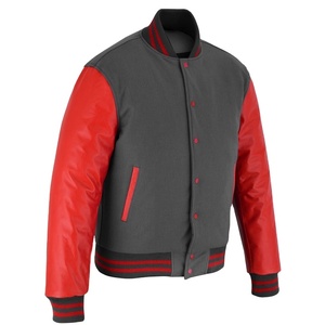 2025 OEM Premium <b>Men's</b> <b>Grey</b> <b>Fleece</b> Red Leather Sleeves Letterman Varsity Jacket Stand High Street Wholesale Winter Heated Jacket - Product Image 5