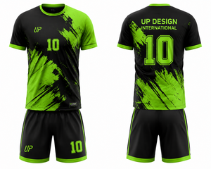 ชุดเสื้อและกางเกงฟุตบอลสีดำนีออนเขียวแบบซับลิเมชั่น ระบายอากาศได้ดี ผลิตจากโพลีเอสเตอร์ ชุดยูนิฟอร์มทีมฟุตบอล ชุดกีฬา - Product Image 1