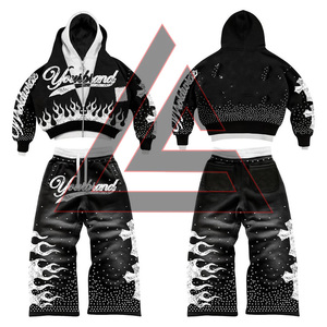 OEM Custom Rhinestone Hoodie Men Oversized Cropped Acid Wash Zip up Distressed Vintage Double <b>Belt</b> <b>Trouser</b> and Hoodie Set - Product Image 3