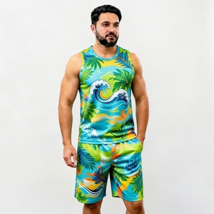 Men's Geometric Print Tank Top And Shorts <b>Set</b> Sublimation <b>Knitted</b> Polyester Sporty Summer Outfit Crew Neck - Product Image 2