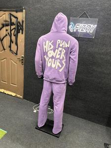 Eco-Friendly 100% Cotton Heavyweight Distressed Embroidery Acid Washed Casual Regular Fit Hoodie Sweatpants Set <b>Elastic</b> Waist - Product Image 2