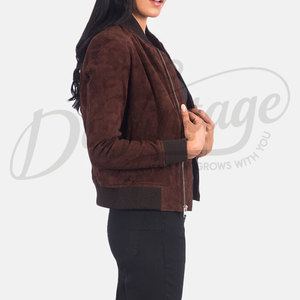 Women Chocolate Brown Genuine Suede <b>Leather</b> Bomber <b>Jacket</b> Slim Fit Premium Goat Suede Casual Winter Outerwear Fashionable Coat - Product Image 6