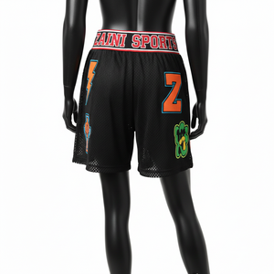 Shorts de malla de poliéster suave de alta calidad, color negro, tela transpirable, logotipos de chenilla coloridos, cintura elástica, shorts para mujer con logo. - Product Image 2