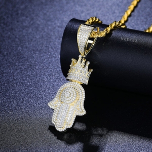 Colgante Hamsa con incrustaciones de moissanita, diseño de Mano de Fátima, estilo Hip Hop, joyería de protección, plata de ley 925 - Product Image 2