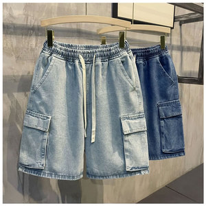 Pantalones cortos de mezclilla para hombre, finos y holgados, de verano, estilo casual coreano, con cintura elástica, corte recto, de algodón, estilo urbano. - Product Image 4