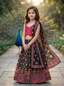 Shoryam - Conjunto de Top Corto y Lehenga Choli con Estampado Floral para Niñas, Vestido Étnico Tradicional Negro para Fiestas - Product Image 5