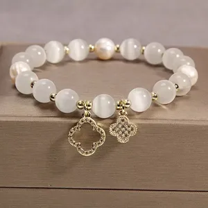 Pulsera de Cristal con Trébol de Cuatro Hojas para Mujer, Cadena de Mano Elástica con Cuentas de Perlas, Joyería, Regalo - Product Image 6