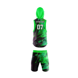 Tenue de football 7v7 Green Splash, maillot sans manches à capuche, short assorti, graphisme sublimé, kit d'équipe personnalisé - Product Image 3
