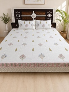 <b>King</b> <b>Size</b> Hand Block Print Cotton Bedsheet Set White Floral Bedding with 2 Pillow Covers Handmade Jaipur Linen - Product Image 1