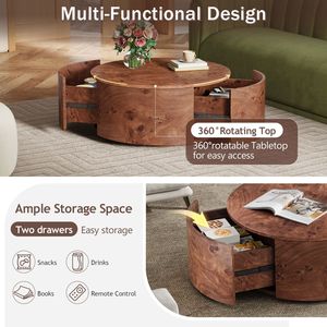 28.4\" Burl Wood 360 Degrees Rotating Top <b>Coffee</b> <b>Table</b> with 2 Drawers <b>Walnut</b> Finish - Product Image 6