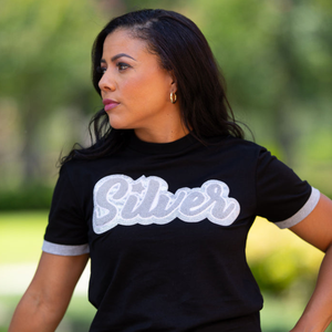 Custom <b>Black</b> <b>Women's</b> Embroidered T <b>Shirt</b> with Silver Lettering Short Sleeve Crew Neck Tee White Trim Casual Fashion Top Summer - Product Image 2