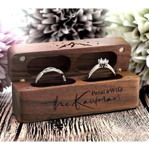 Mountain Engraved Walnut Wood Wedding Ring Box Portable Double Ring Holder <b>Travel</b> <b>Jewelry</b> Case Magnetic Closure Wooden Ring Box - Product Image 1