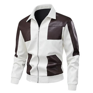 Blouson bomber en cuir PU blanc et marron pour homme avec fermeture éclair colorée, col rabattable, style décontracté, vêtement d'automne - Product Image 1