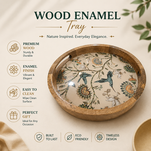 Premium <b>Round</b> Wood Enamel Serving <b>Tray</b> with Floral Bird Print Built In Handles Handmade Decorative Platter for Dining <b>Table</b> - Product Image 5