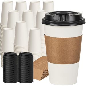 Confezione da 500 Bicchieri di Carta Monouso da 16 oz per Caffè o Tè, con Coperchi e Manicotti, per Bevande Calde da Asporto - Product Image 1