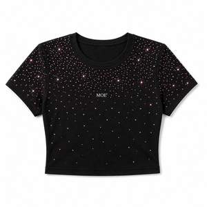 New Summer Women's Breathable <b>Rhinestone</b> Customised Patterns women's shirt Crew Neck Cropped Short Sleeve Tshirt Custom Logo OEM - Product Image 3