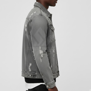 <b>Men's</b> Light Grey Distressed Denim Trucker <b>Jacket</b> Button Closure <b>Long</b> Sleeve Regular Fit Ripped Casual Jean <b>Jacket</b> Streetwear Out - Product Image 3
