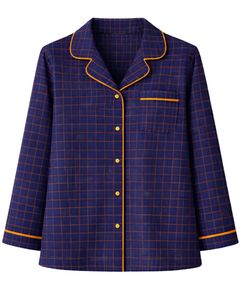 Ensemble de pyjama pour femmes personnalisé à carreaux bleus et jaunes, manches longues, boutonné, vêtements de nuit en coton doux, ensemble de détente deux pièces - Product Image 3
